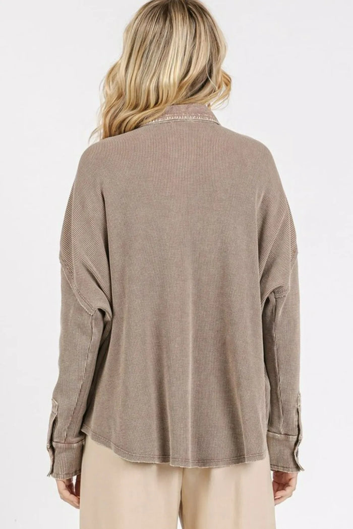 Mittoshop Mineral Wash Waffle Knit Collared Neck Henley Top - Brittney MADE