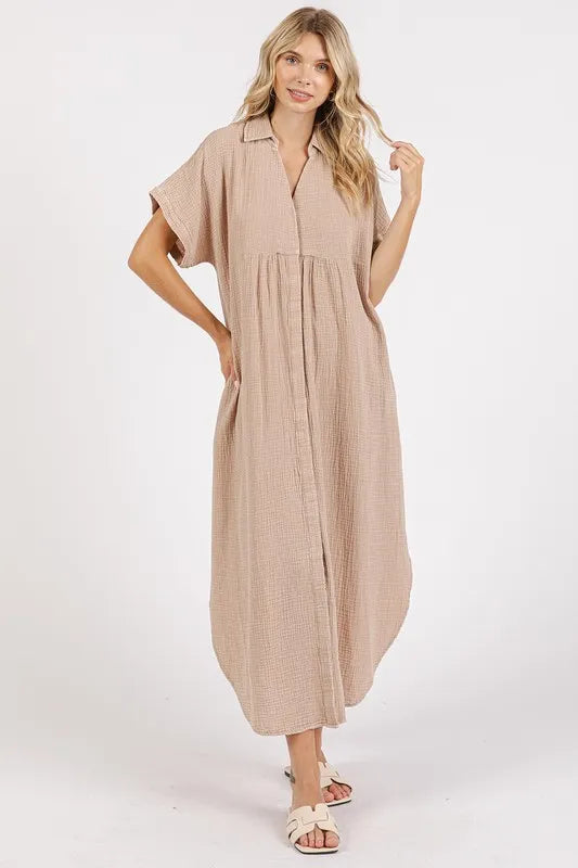 Mittoshop Mineral Wash V Neck Button Up Midi Shirt Dress - Brittney MADE