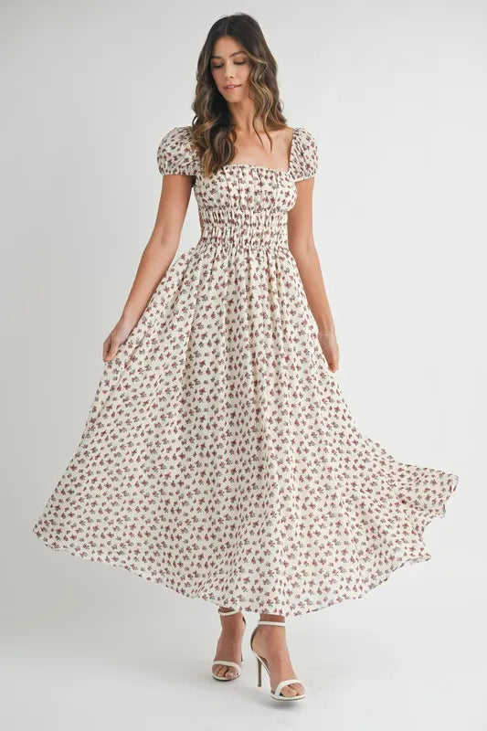 MABLE Floral Print Puff Sleeve Gathered Midi Dress - Brittney MADE