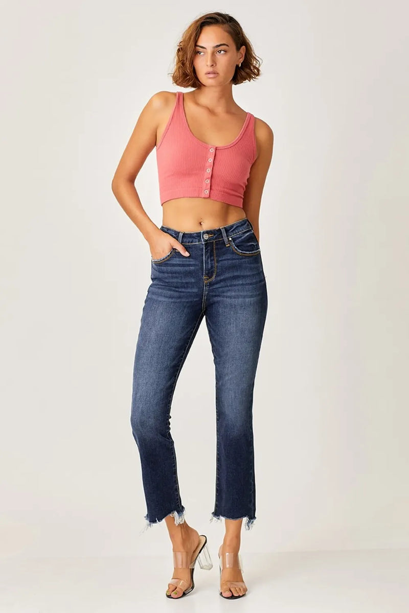 Risen Full Size Frayed Hem Cropped Straight Jeans - Brittney MADE