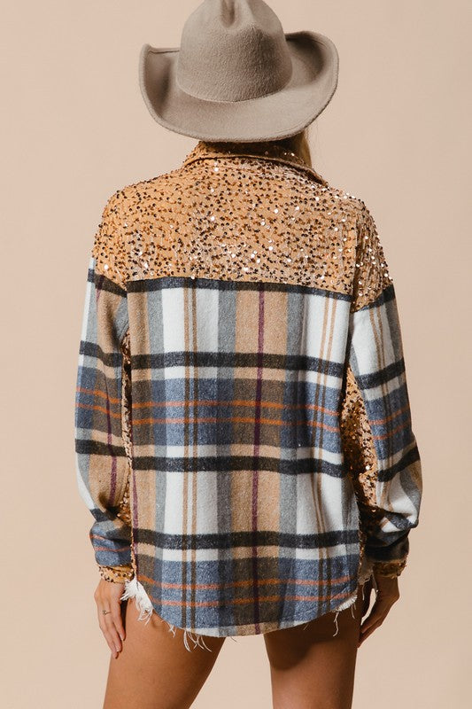 BiBi Curved Hem Sequin Plaid Button Up Shacket - Brittney MADE