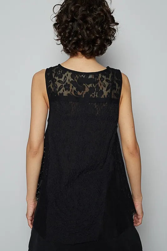 POL Crochet Lace Mix Button Detail Round Neck Tank - Brittney MADE