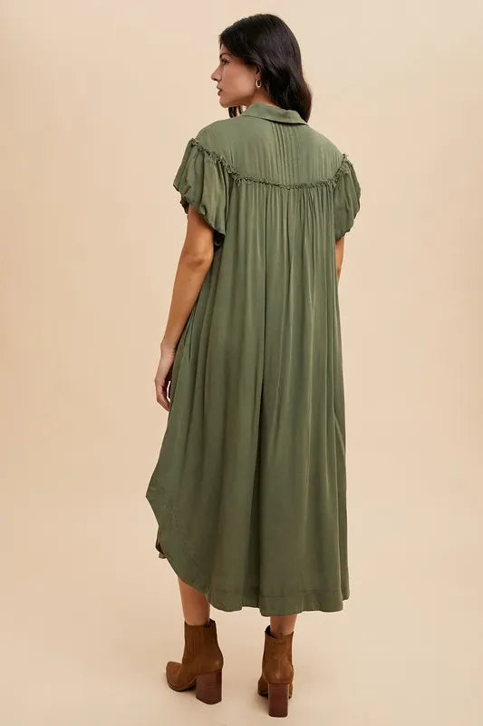 Annie Wear Mineral Washed Button Down Puff Sleeve Shirt Dress - Brittney MADE