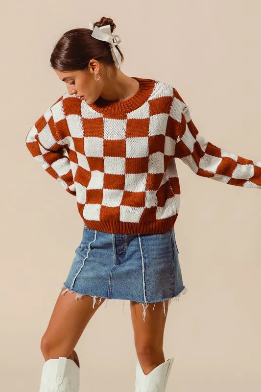 SO ME Loose Fit Checkered Sweater Top - Brittney MADE