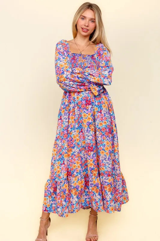 Haptics Smocked Floral Square Neck Flounce Sleeve Dress - Brittney MADE
