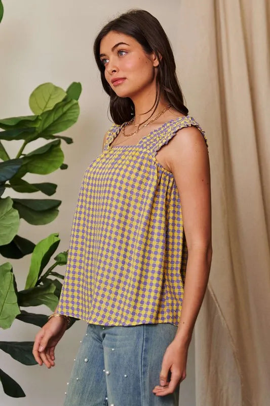 Davi & Dani Printed Square Neck Shirred Straps Top - Brittney MADE