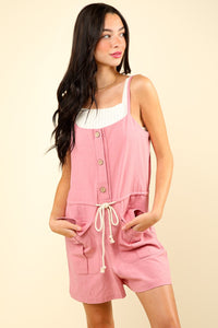 VERY J Half Button Drawstring Sleeveless Romper - Brittney MADE
