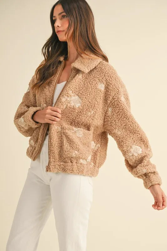 MABLE Floral Embroidered Fleece Teddy Jacket - Brittney MADE