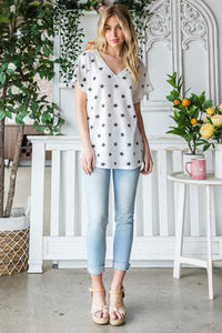Heimish Full Size Star Print Short Sleeve V-Neck Waffle Knit T-Shirt - Brittney MADE