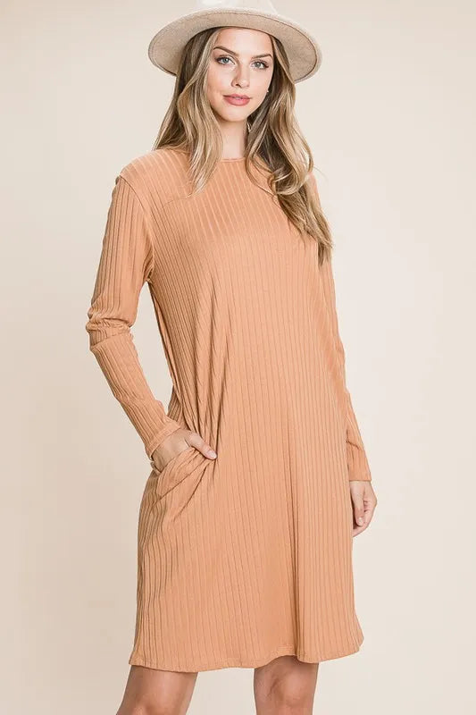 BOMBOM Round Neck Long Sleeve Ribbed Knit Dress - Brittney MADE