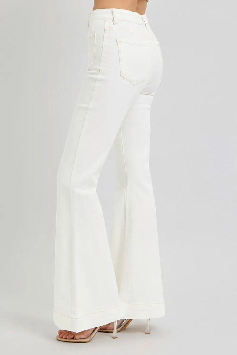 RISEN Full Size High Rise Front Patch Pocket Flare Jeans - Brittney MADE