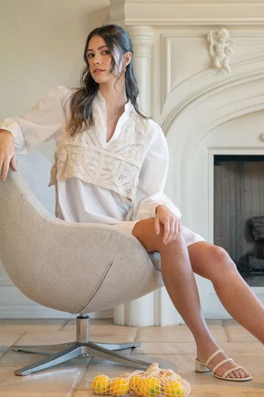 Annie Wear Crochet Vest Notched Long Sleeve Shirt Dress - Brittney MADE