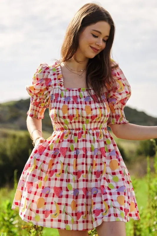 Davi & Dani Fruits Printed Smocking Mini Dress - Brittney MADE