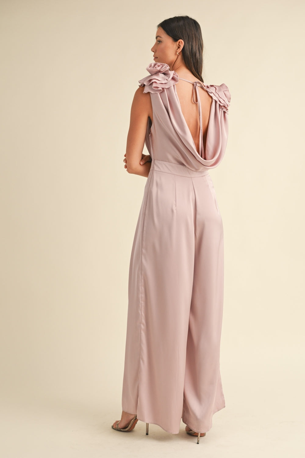 MABLE 3D Floral Applique Deep Cowl Neck Jumpsuit - Brittney MADE
