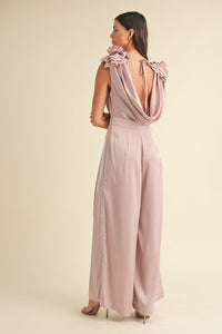 MABLE 3D Floral Applique Deep Cowl Neck Jumpsuit - Brittney MADE