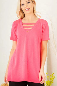 Heimish Full Size V-Neck Short Sleeve T-Shirt with Bar Detail Plus Size - Brittney MADE