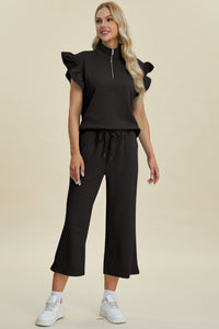 Double Take Full Size Texture Ruffle Short Sleeve Top and Wide Leg Pants Set - Brittney MADE