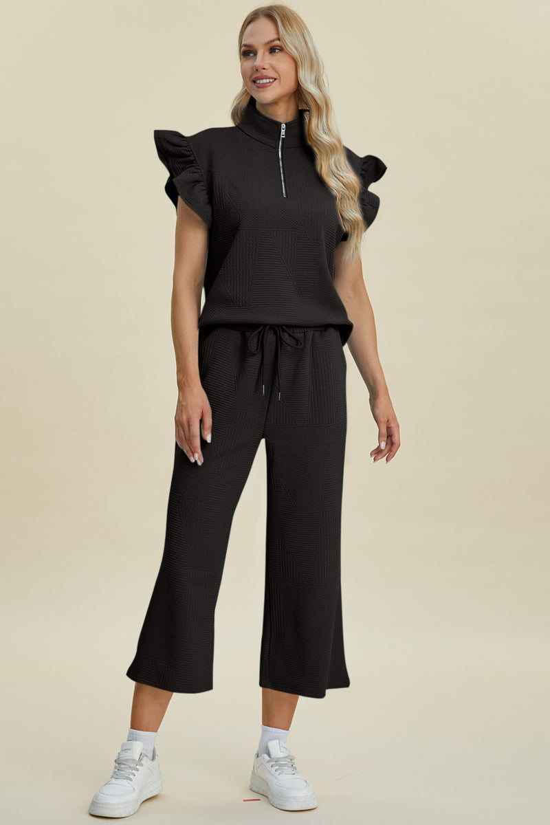 Double Take Full Size Texture Ruffle Short Sleeve Top and Wide Leg Pants Set - Brittney MADE