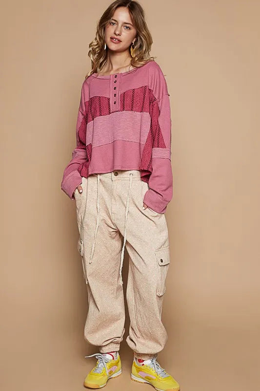 POL Half Button Color Block Drop Shoulder Knit Top - Brittney MADE