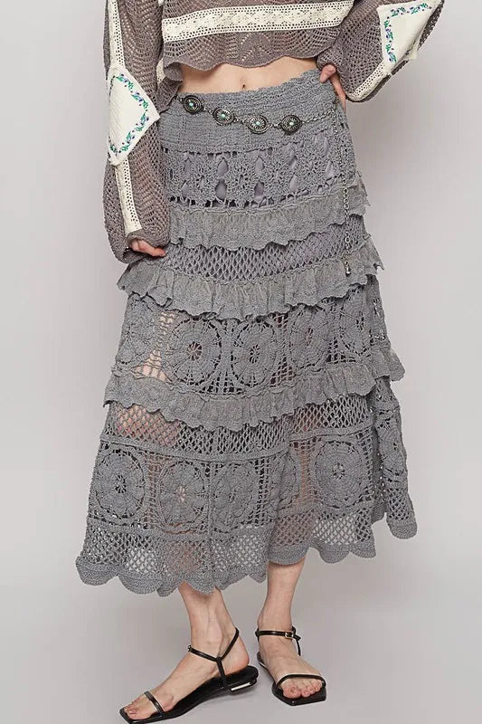 POL Crochet Lace Ruffled Midi Skirt - Brittney MADE
