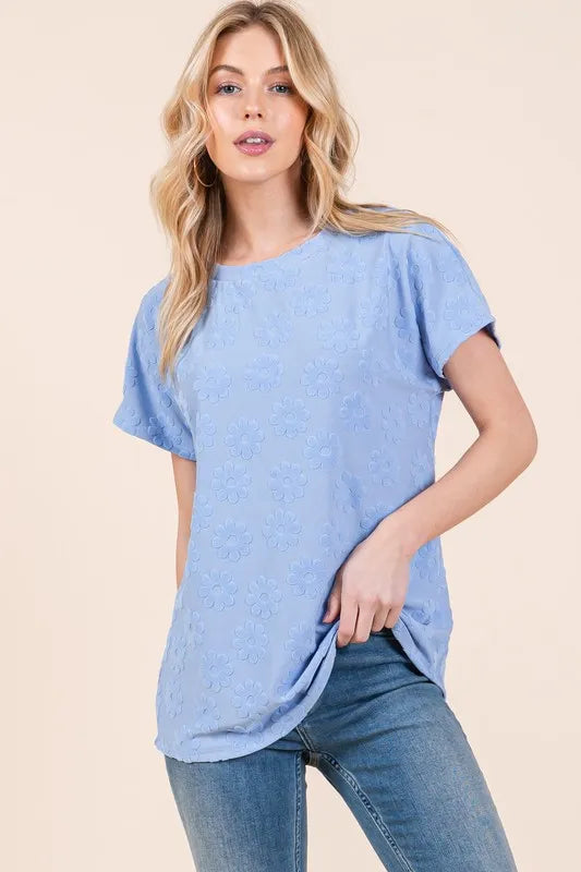 BOMBOM Textured Floral Pattern Short Sleeve T-Shirt - Brittney MADE