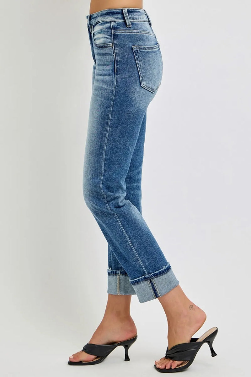 RISEN Full Size High Rise Crop Straight Roll Up Jeans - Brittney MADE