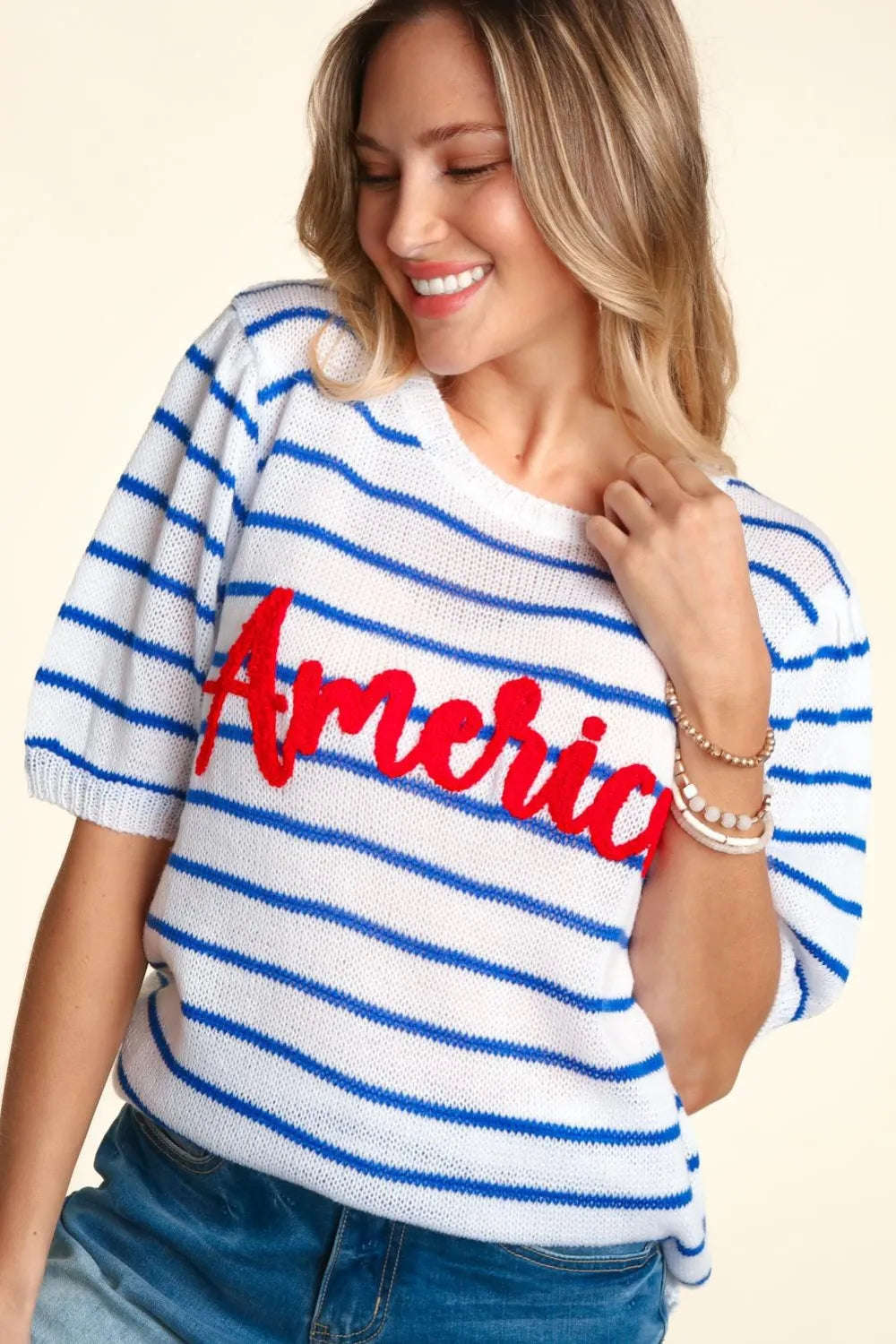 Haptics Letter Embroidery Striped Knit Top - Brittney MADE