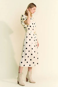 Davi & Dani Polka Dot Puff Sleeves Waist Tie Midi Dress - Brittney MADE