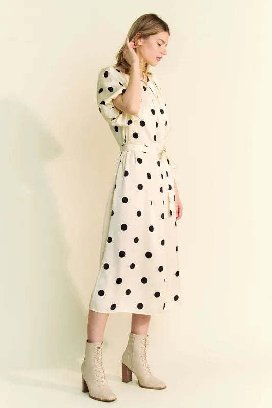 Davi & Dani Polka Dot Puff Sleeves Waist Tie Midi Dress - Brittney MADE