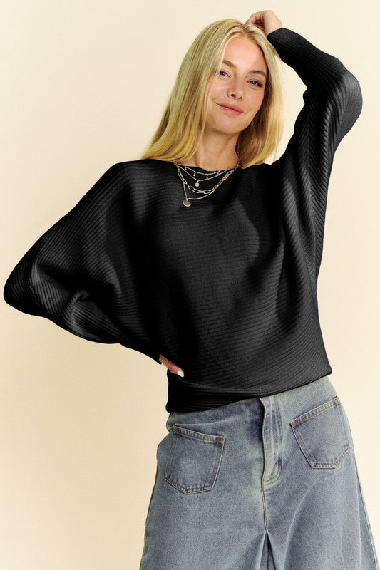 Davi & Dani Round Neck Batwing Sleeve Sweater - Brittney MADE