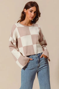 SO ME Checkered Crop Sweater with Bell Sleeves - Brittney MADE