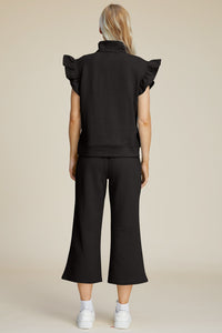Double Take Full Size Texture Ruffle Short Sleeve Top and Wide Leg Pants Set - Brittney MADE