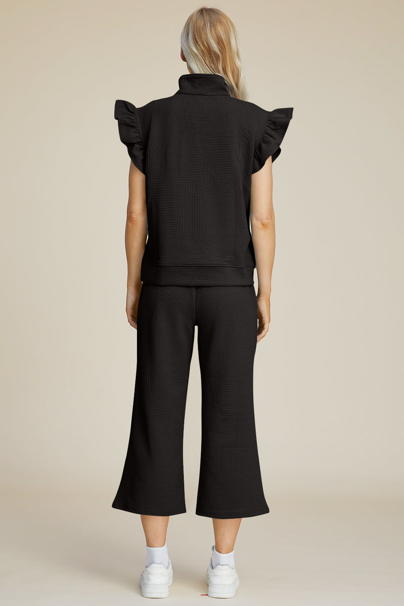 Double Take Full Size Texture Ruffle Short Sleeve Top and Wide Leg Pants Set - Brittney MADE
