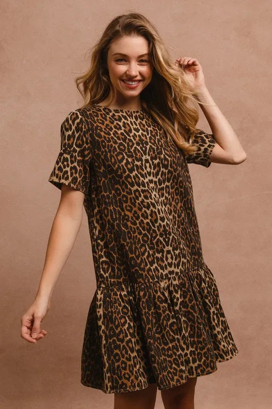 BiBi Tie Back Leopard Round Neck Short Sleeve Dress - Brittney MADE