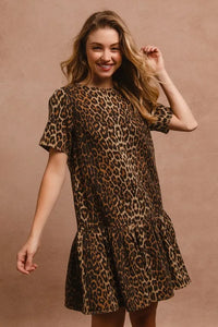 BiBi Tie Back Leopard Round Neck Short Sleeve Dress - Brittney MADE