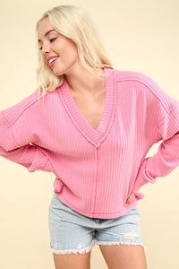VERY J Exposed Seam V-Neck Ribbed Knit Top - Brittney MADE