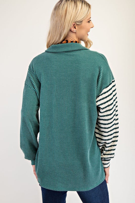 Celeste Full Size Striped Button Up Dropped Shoulder Shacket - Brittney MADE