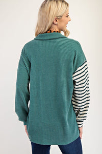 Celeste Full Size Striped Button Up Dropped Shoulder Shacket - Brittney MADE