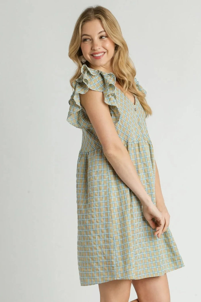 Umgee Full Size Plaid V-Neck Ruffle Cap Sleeve Dress Plus Size - Brittney MADE