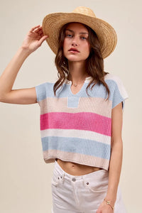 SO ME Multi Color Stripe Loose Fit Cap Sleeve Sweater Top - Brittney MADE