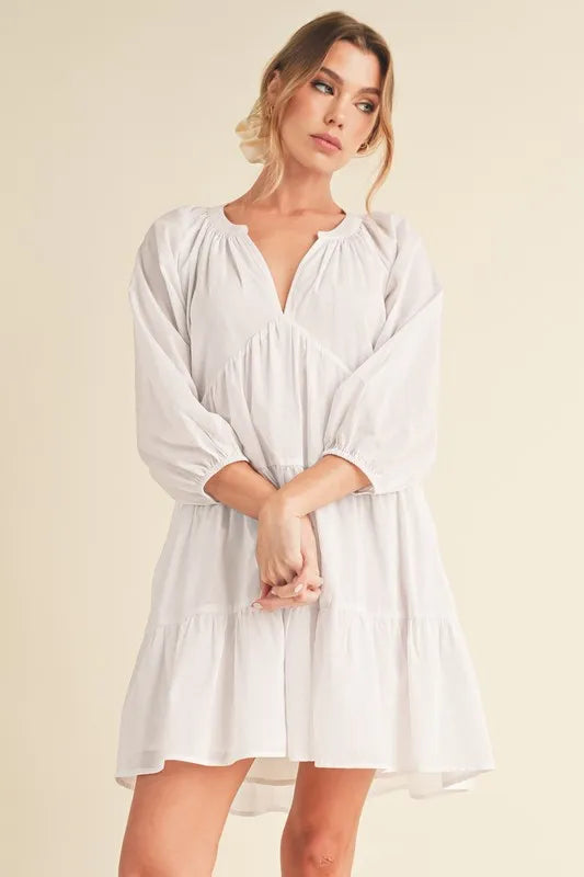 Aemi + Co Notched Balloon Sleeve Tiered Mini Dress - Brittney MADE
