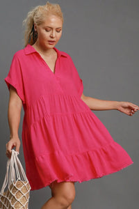 Umgee Full Size Raw Hem Folded Sleeve Tiered Dress Plus Size - Brittney MADE