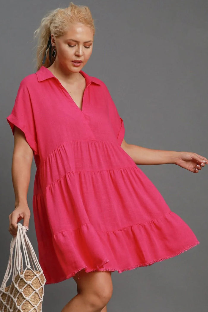 Umgee Full Size Raw Hem Folded Sleeve Tiered Dress Plus Size - Brittney MADE
