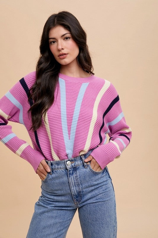 Annie Wear Chevron Stripe Round Neck Ribbed Sweater - Brittney MADE