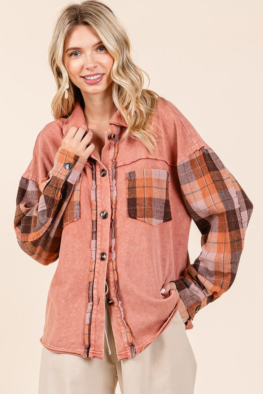 Mittoshop Button Down Contrast Plaid Patchwork Shacket - Brittney MADE