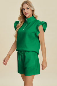 Double Take Full Size Texture Flounce Sleeve Top and Shorts Set - Brittney MADE