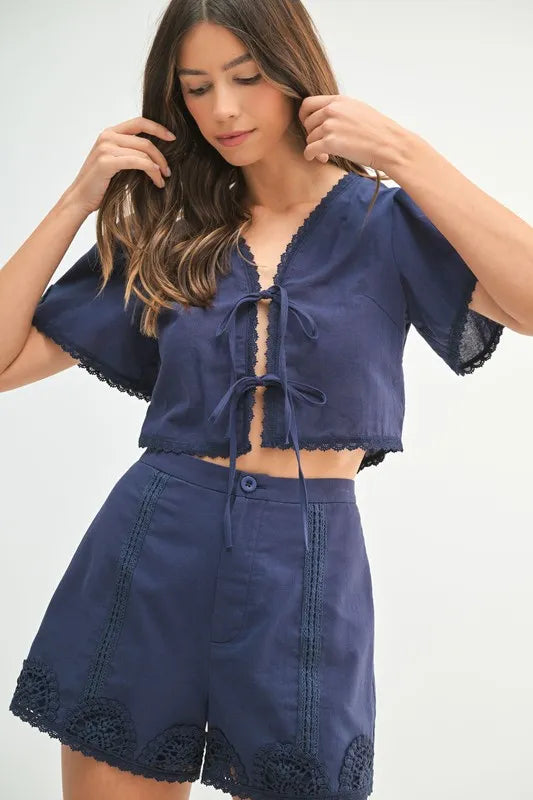 MABLE Crochet Lace Detail Crop Top and Shorts Set - Brittney MADE