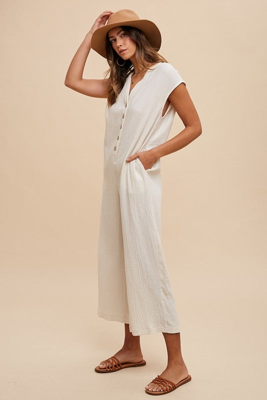 Annie Wear Button Detail Wide Leg Jumpsuit with Pockets - Brittney MADE