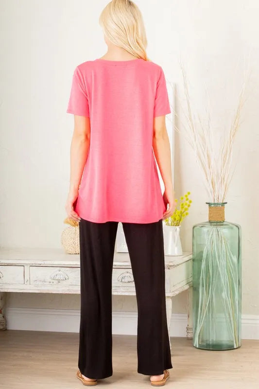 Heimish Full Size V-Neck Short Sleeve T-Shirt with Bar Detail Plus Size - Brittney MADE
