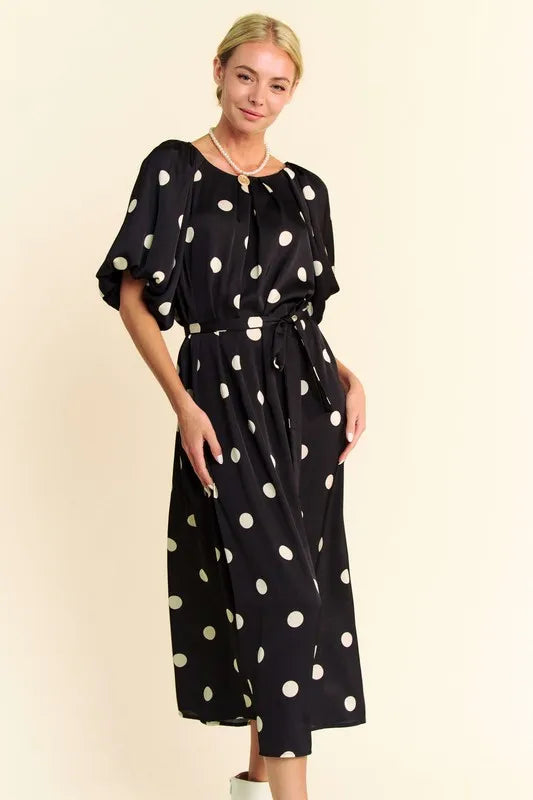 Davi & Dani Polka Dot Puff Sleeves Waist Tie Midi Dress - Brittney MADE
